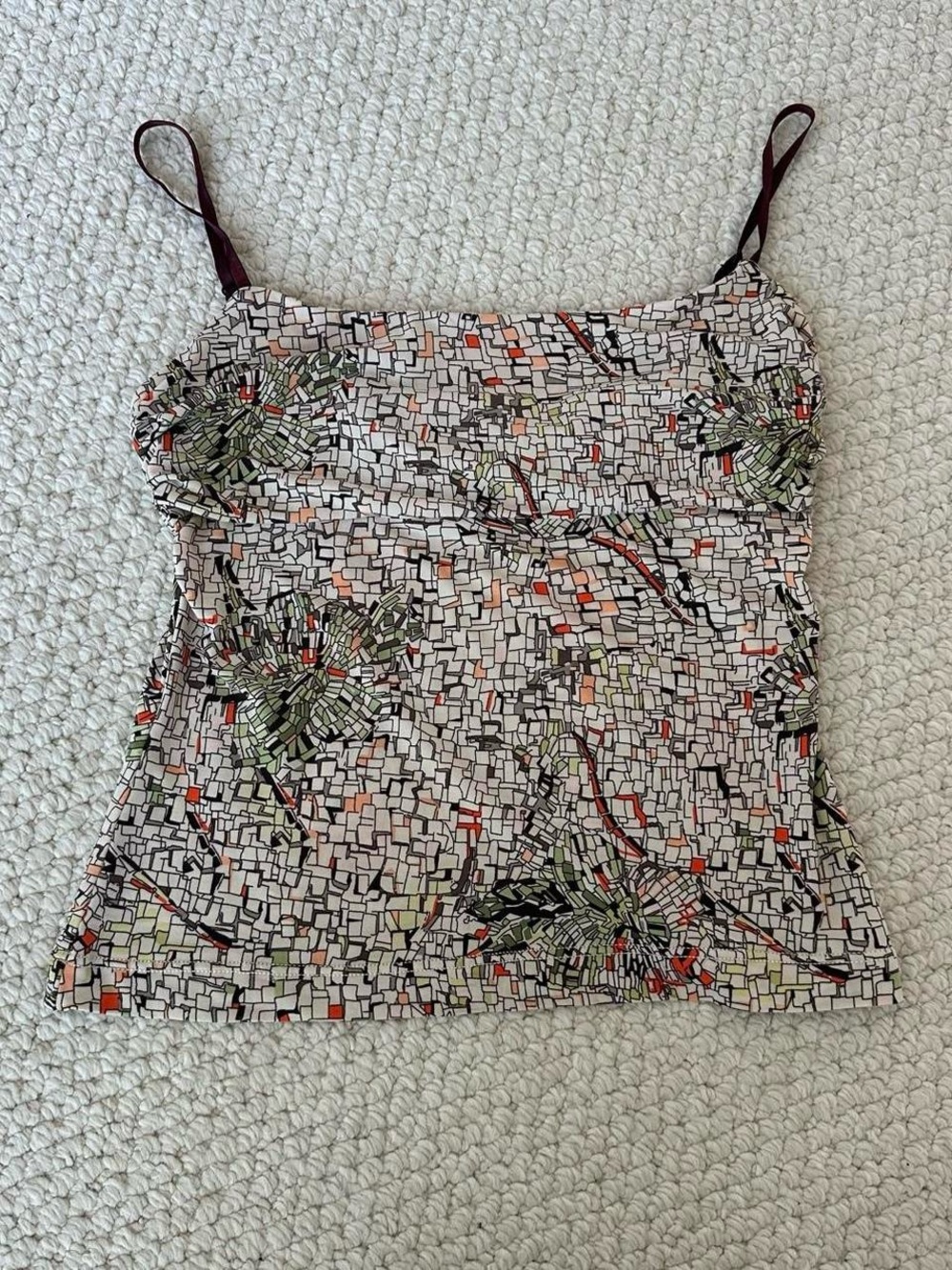 Floral Mosaic Print Spaghetti Strap Tank Top - White/Green